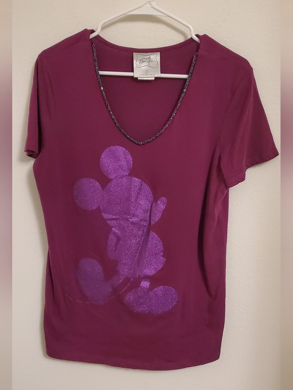 Disney Boutique Women's Plum Short-Sleeve Tee with Glitter Mickey Beaded V-Neck8